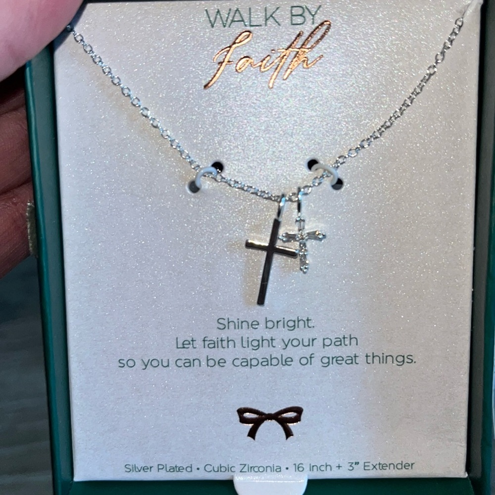 Star cross silver tone neclace